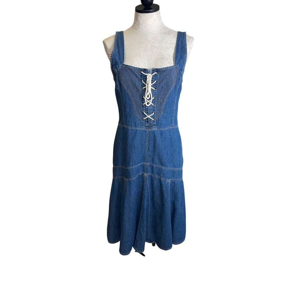 Lauren Jeans Co Vintage Womens Dress Size 4 Blue Corset Front Denim Pure Cotton